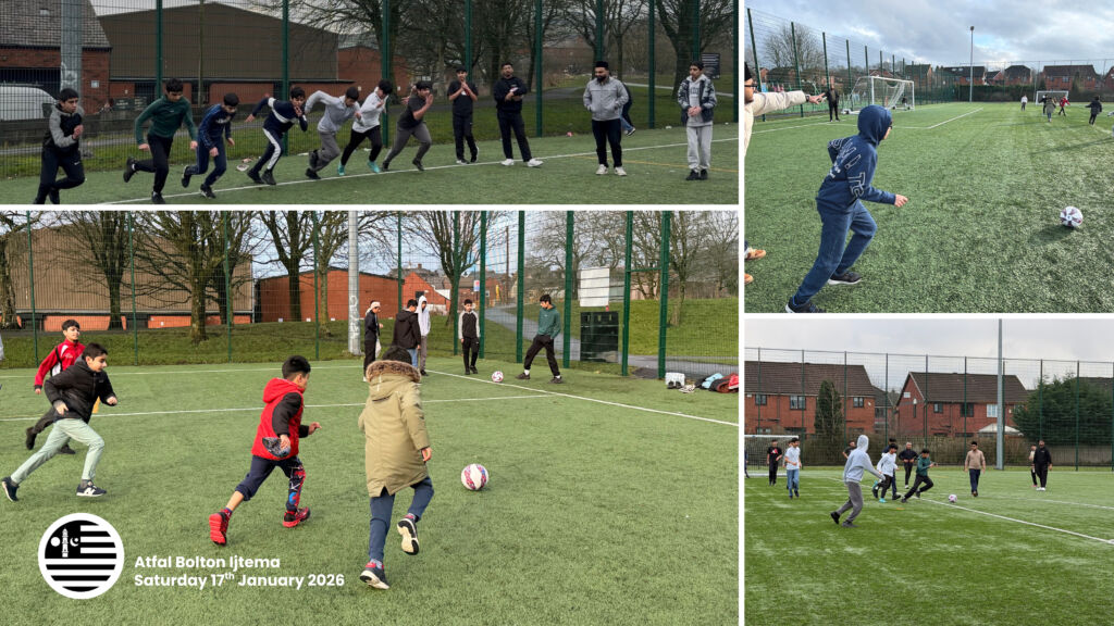 Collage of Atfal Outdoor sports. Top left is the older Atfal setting off for the 100 meter spring. Top right is a Tifal taking a kick. Bottom left is a picture of younger Atfal chasing after the ball. Bottom right is a picture of the older Atfal playing football with a Tifal with possession running down the pitch