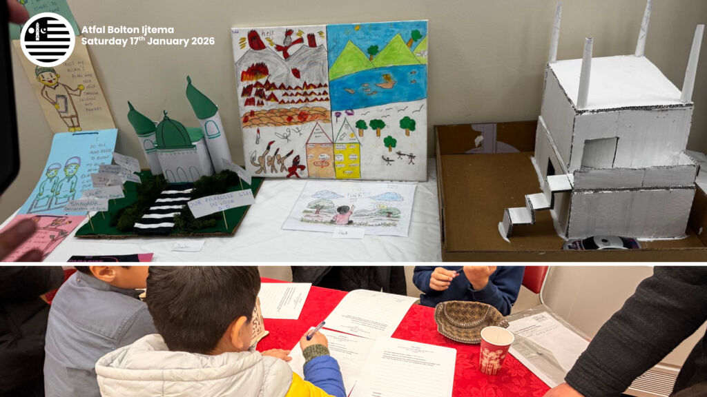 Collage of two images. On the top are the exhibitions created by the Atfal and on the bottom are a group of Atfal writing letters to Beloved Huzoor